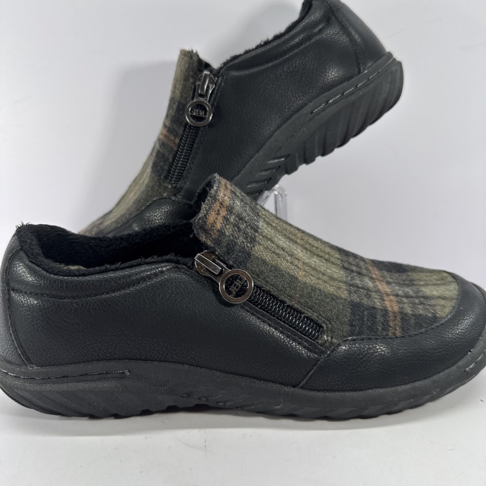 JBU by Jambu Shoes ✨Women's 7.5M ✨Black Plaid Olive Loafers✨Side Zipper✨Faux Fur